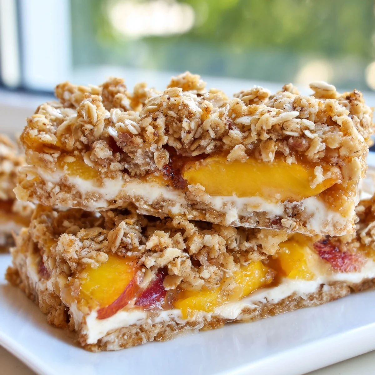 Juicy peach layer visible in sliced Peaches and Cream Crumble Bars with coffee