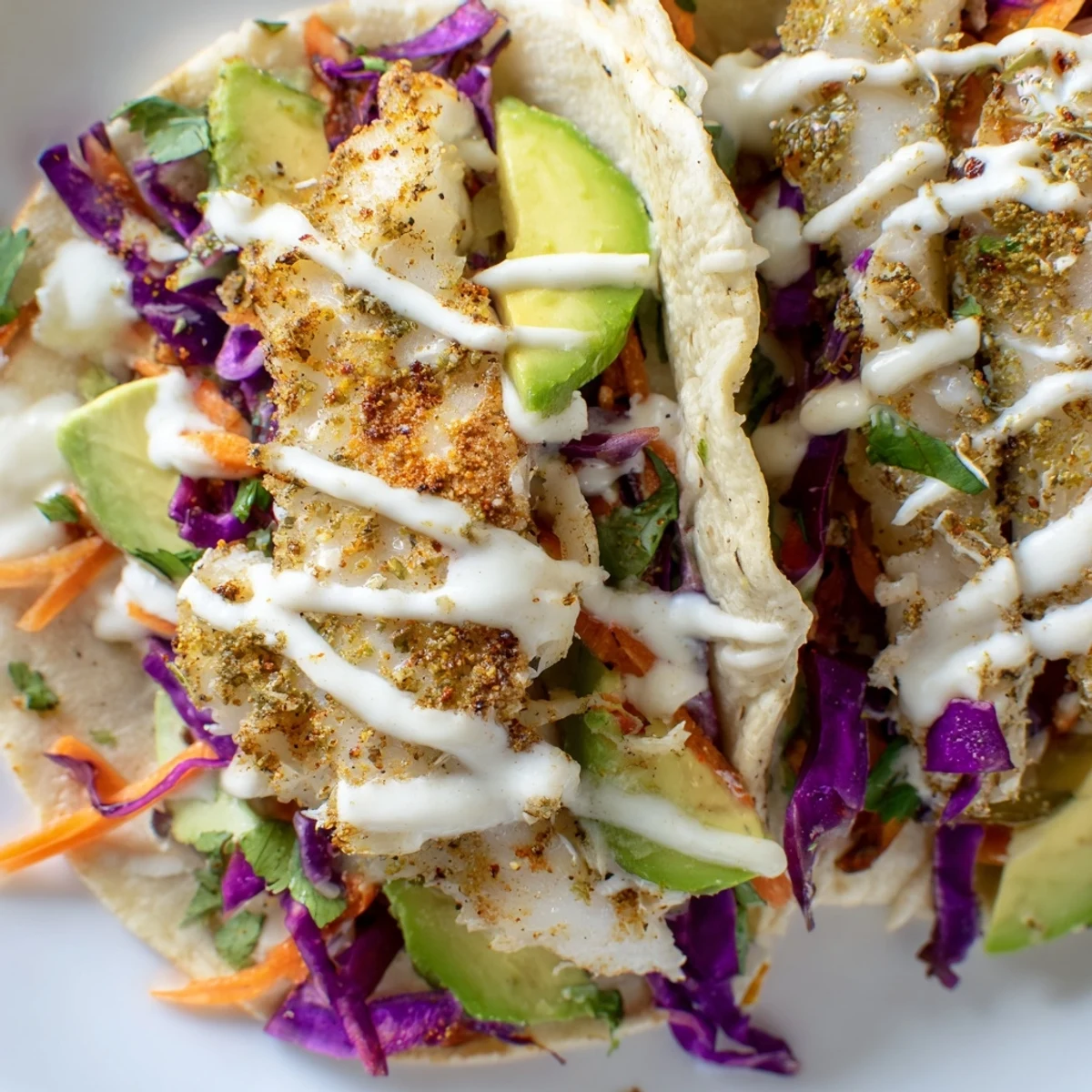 Crispy spiced tilapia fish tacos topped with vibrant cabbage slaw and creamy zesty lime crema