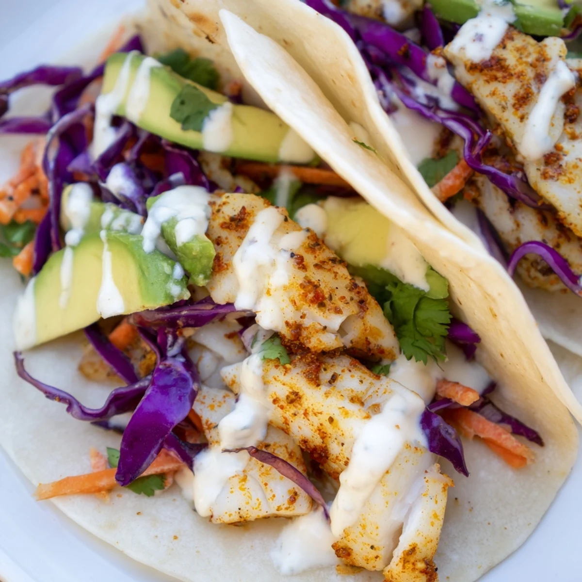 Golden tilapia fish tacos in warm tortillas with fresh slaw and drizzled tangy sauce