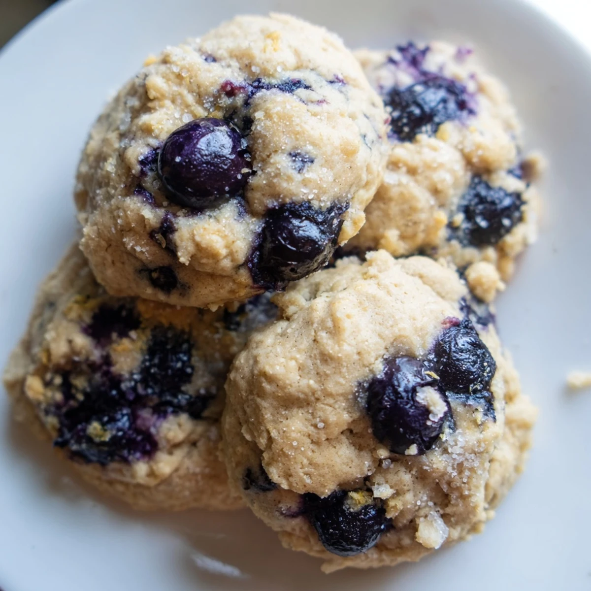 Soft blueberry muffin cookies with golden edges and juicy berries on a rustic baking sheet