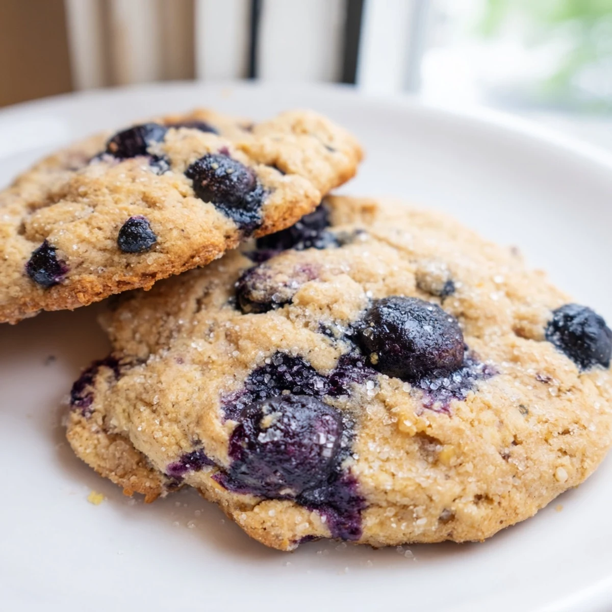 Cake-like blueberry muffin cookies topped with sparkling sugar crystals and bursting with fresh berries