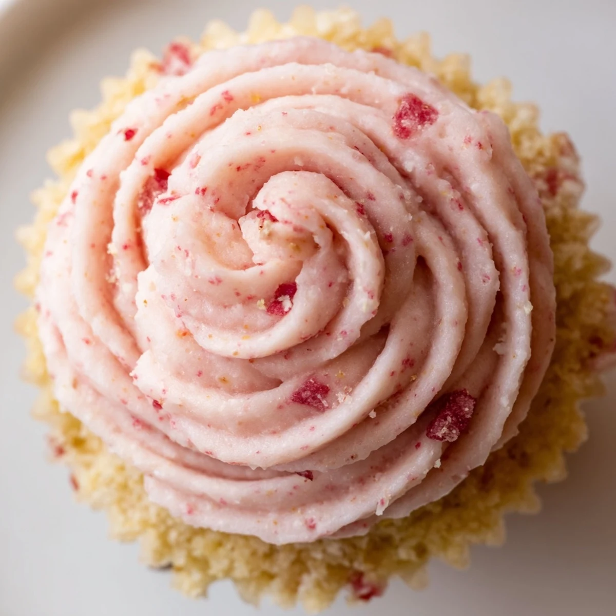 Pink frosted strawberry lemonade cupcakes topped with swirls of tangy buttercream on a rustic summer dessert table