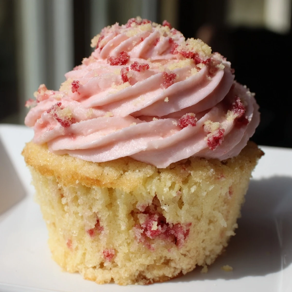 Fresh strawberry lemonade cupcakes with fluffy pink frosting swirled high and bright lemon zest garnish