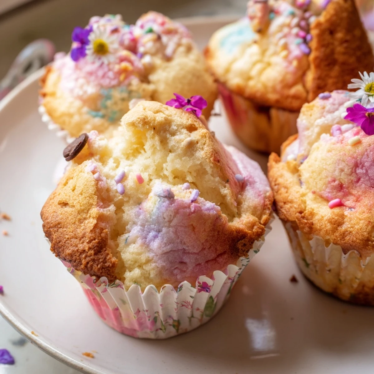Steamed Blooming Cupcakes with cracked golden tops on a rustic cooling rack