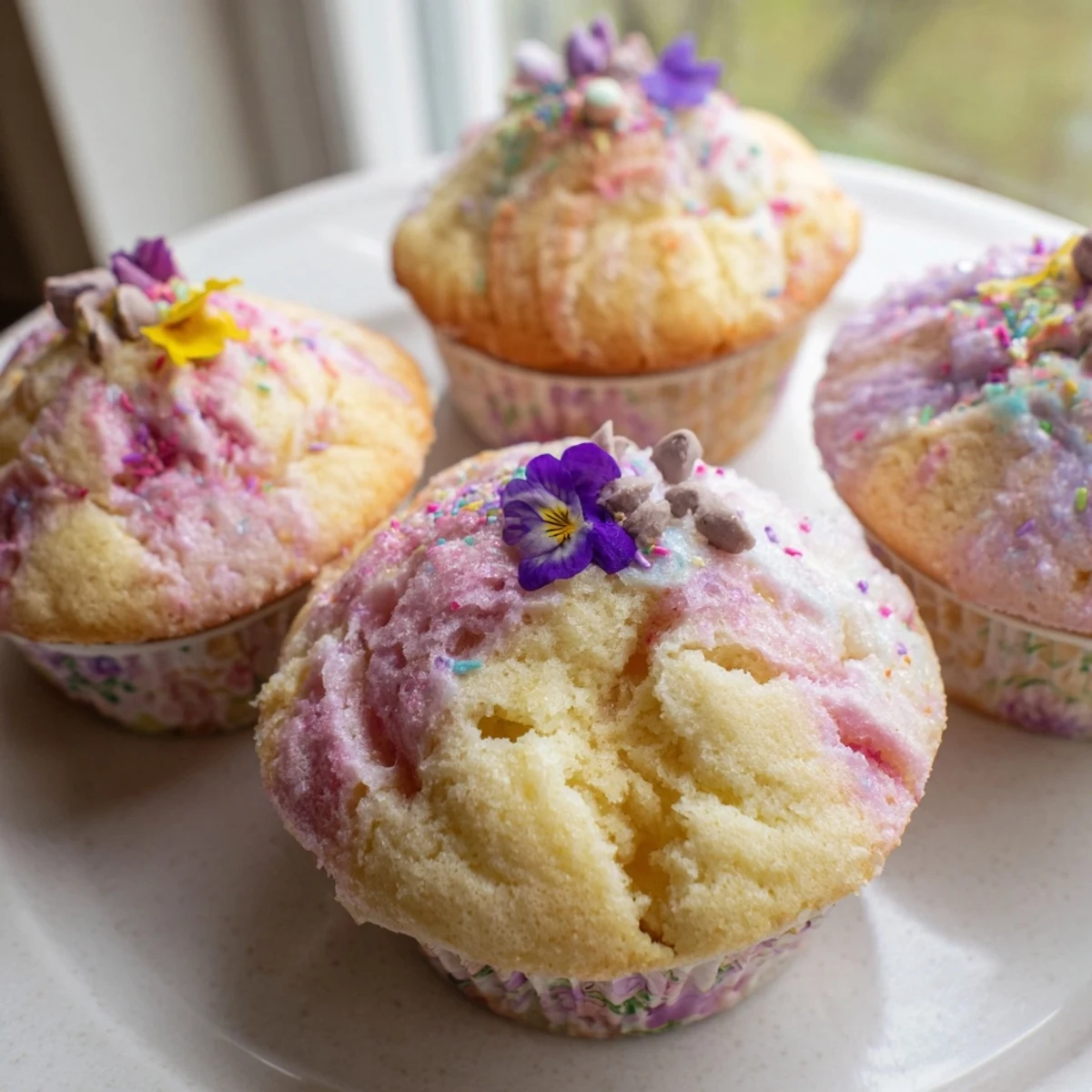 Fluffy Steamed Blooming Cupcakes swirled with pink frosting and colorful sprinkles