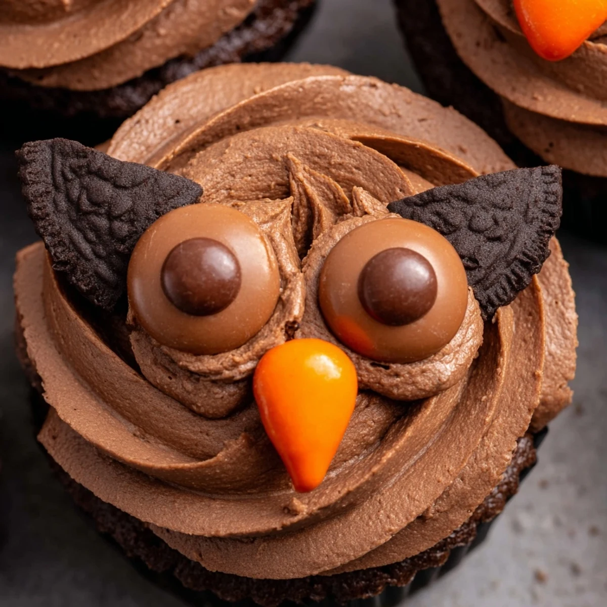 Adorable Oreo Owl Cupcakes featuring twisted cookie eyes and orange candy beaks ready for a party