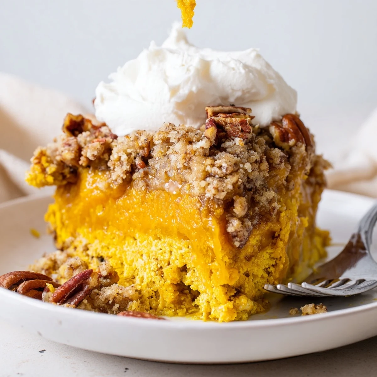 Golden pumpkin dump cake with bubbling buttery pecan topping fresh from the oven