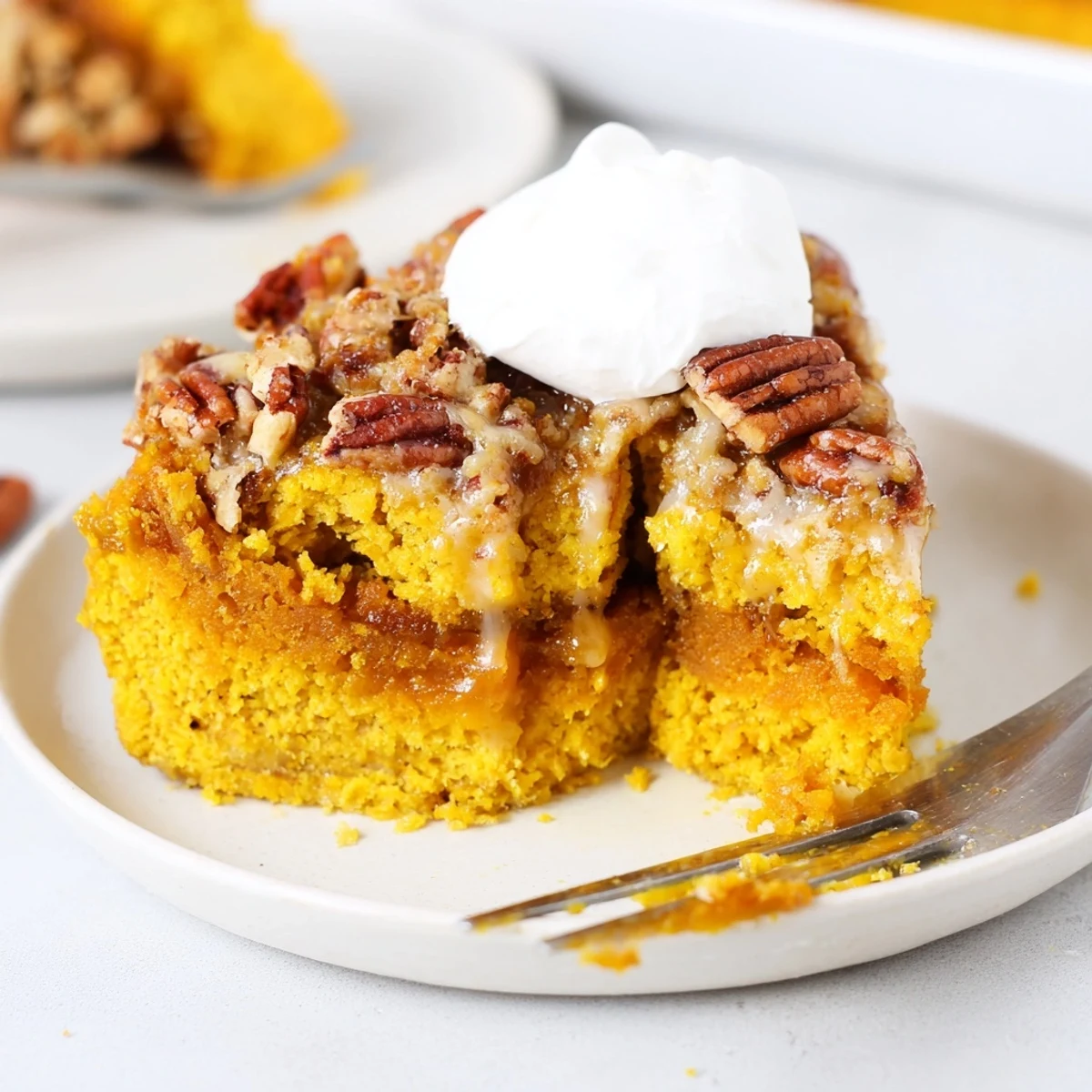 Warm slice of pumpkin dump cake topped with a dollop of whipped cream