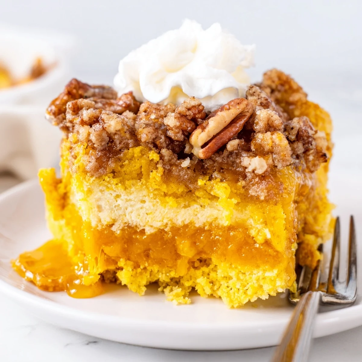 Creamy spiced pumpkin dump cake layer beneath a crispy golden cake mix crust