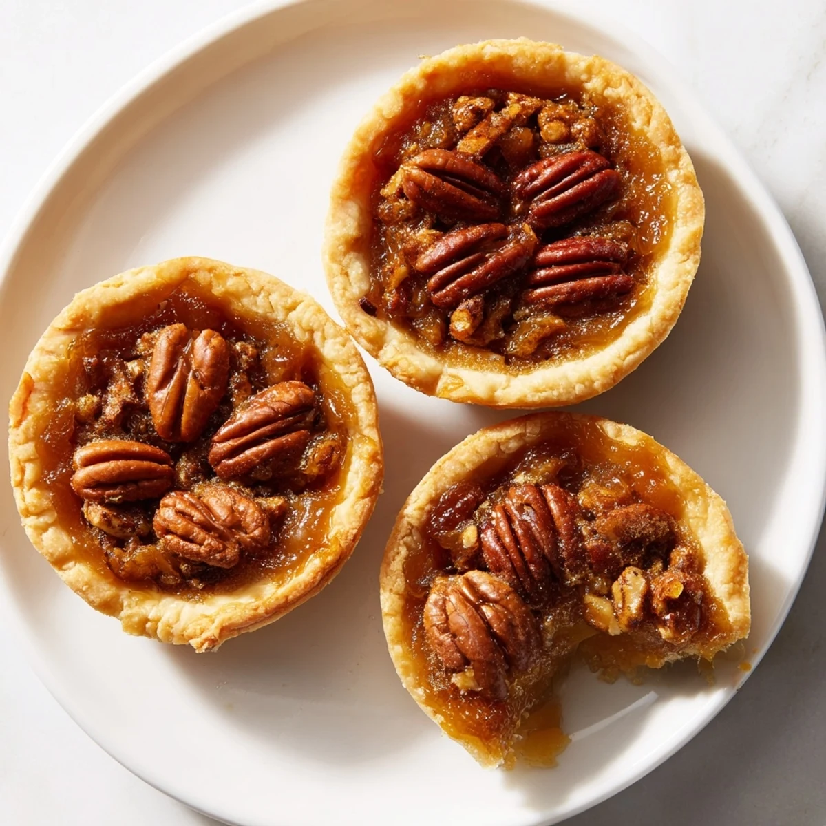Golden mini pecan pies with gooey caramel filling fresh from the oven