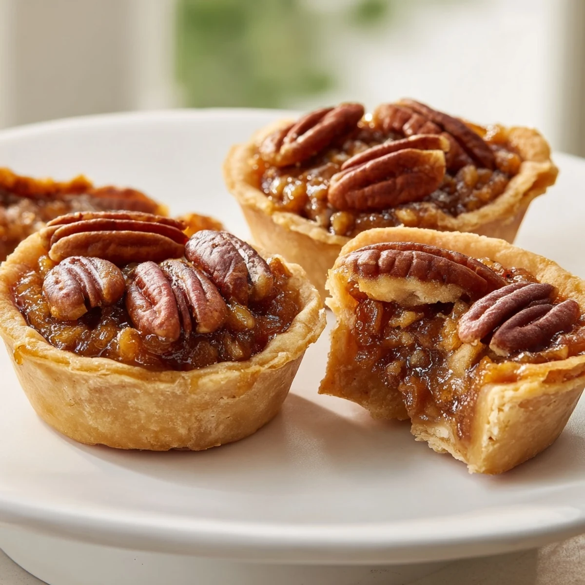 Buttery mini pecan pies topped with toasted nuts on a rustic plate