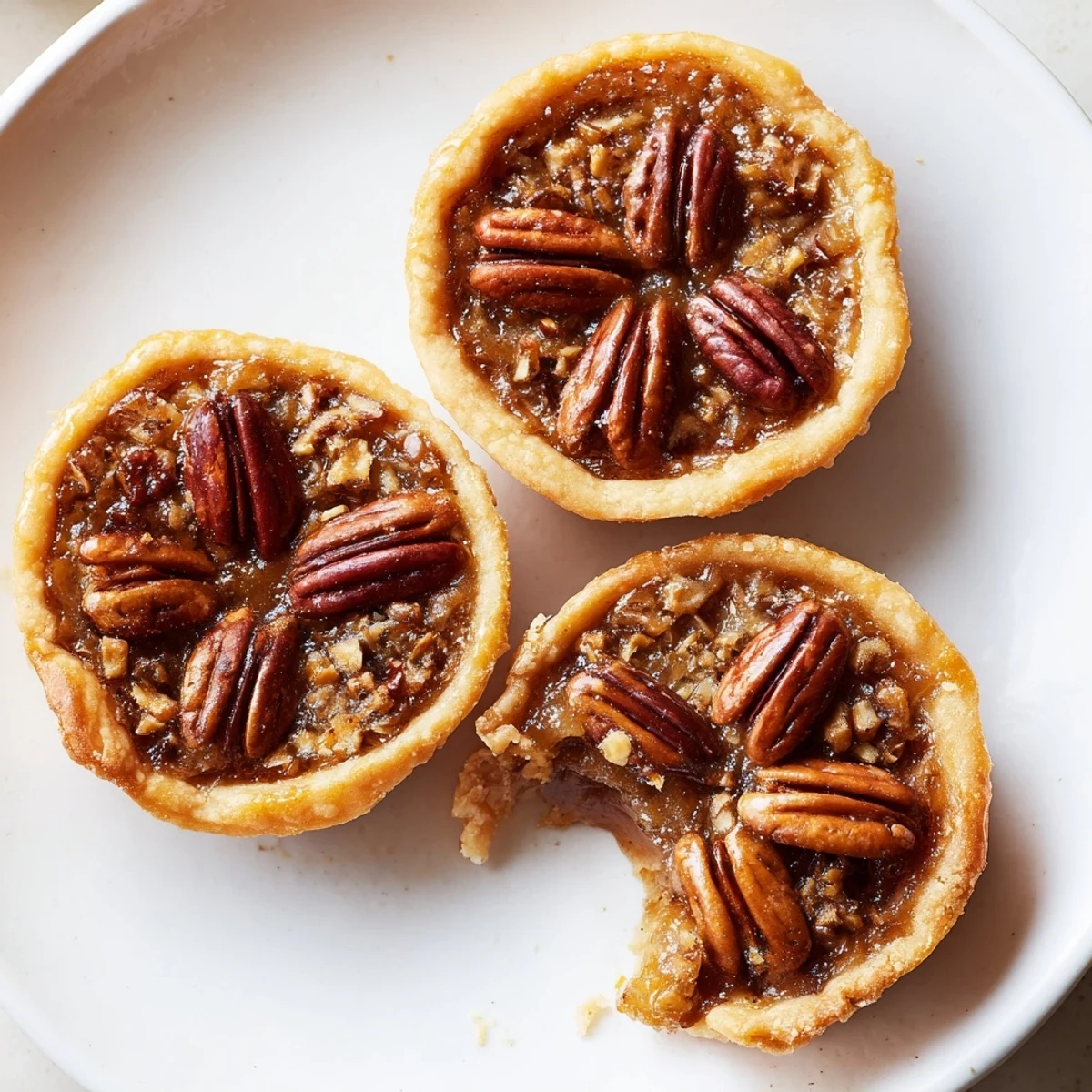 Bite-sized mini pecan pies arranged on a holiday dessert platter with whipped cream