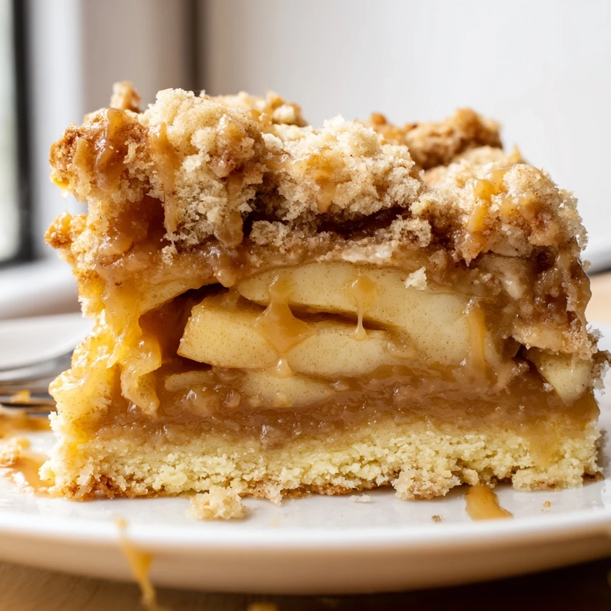 Warm caramel apple crumb bars cut into squares topped with gooey caramel drizzle