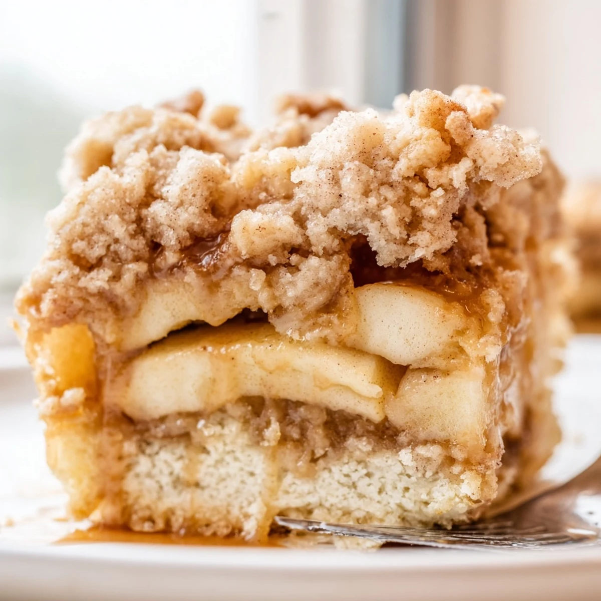 Golden caramel apple crumb bars with a buttery shortbread crust and spiced apple filling