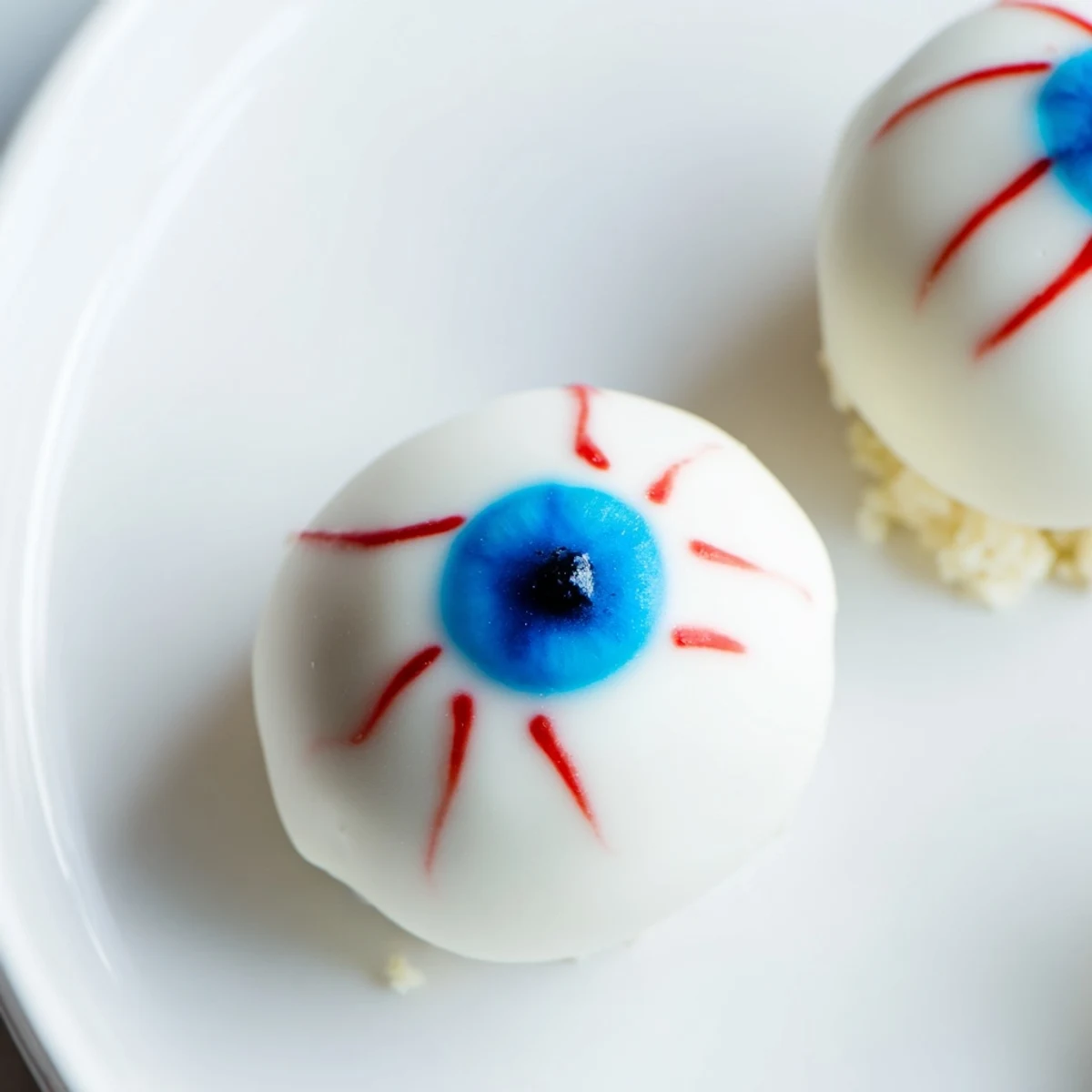 Moist vanilla Halloween Cake Eyeballs coated in white chocolate with colorful iris details and pupils