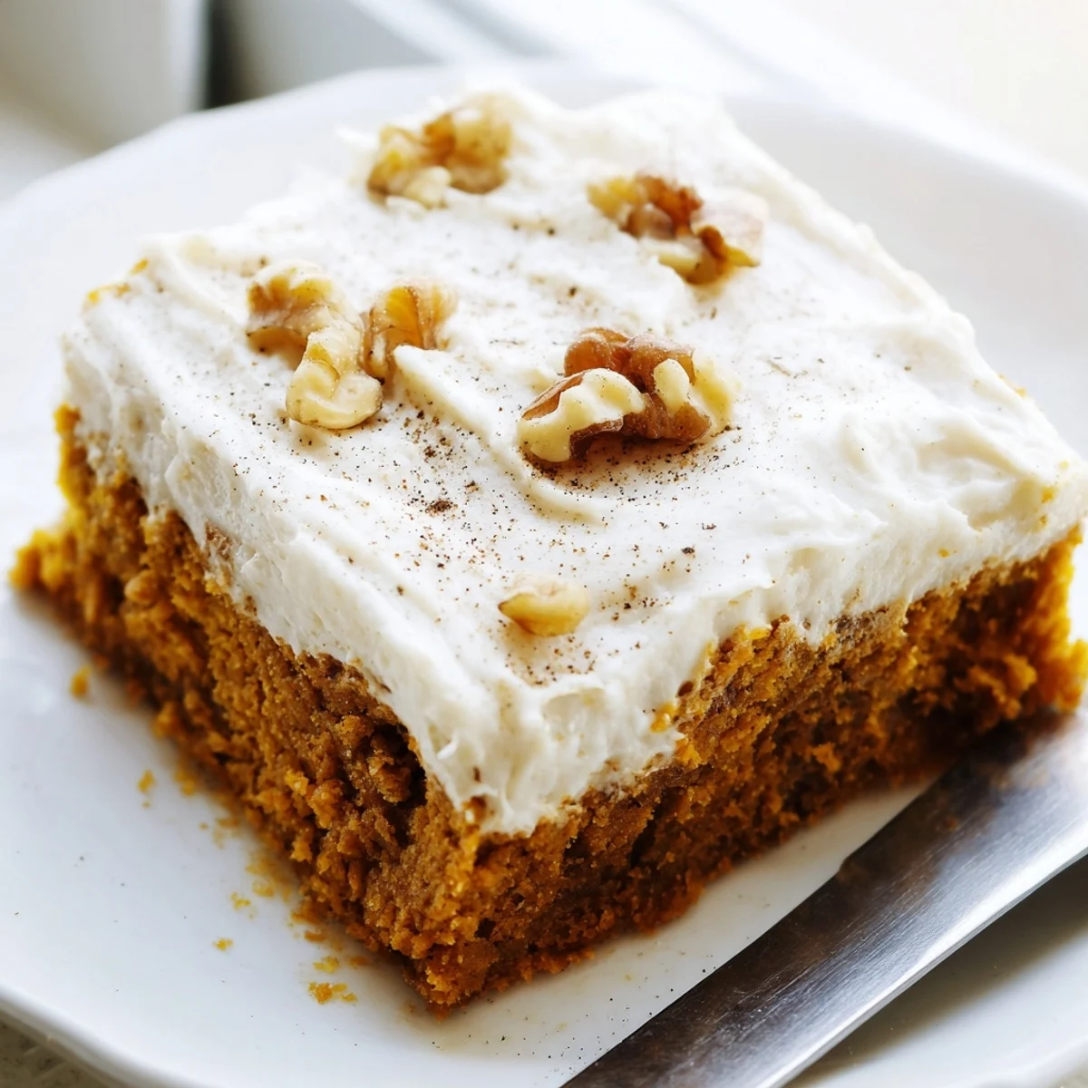Warm pumpkin bars with cream cheese frosting sliced on a rustic cutting board