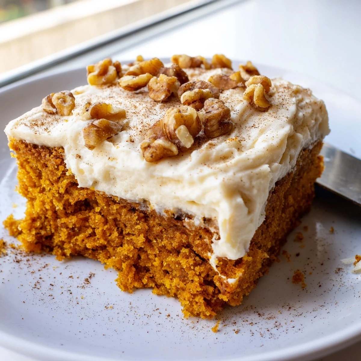 Thick swirls of cream cheese frosting spread over spiced pumpkin bars dusted with cinnamon
