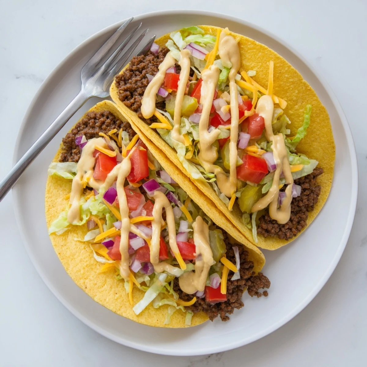 Crispy smash burger tacos loaded with melted cheddar and fresh toppings
