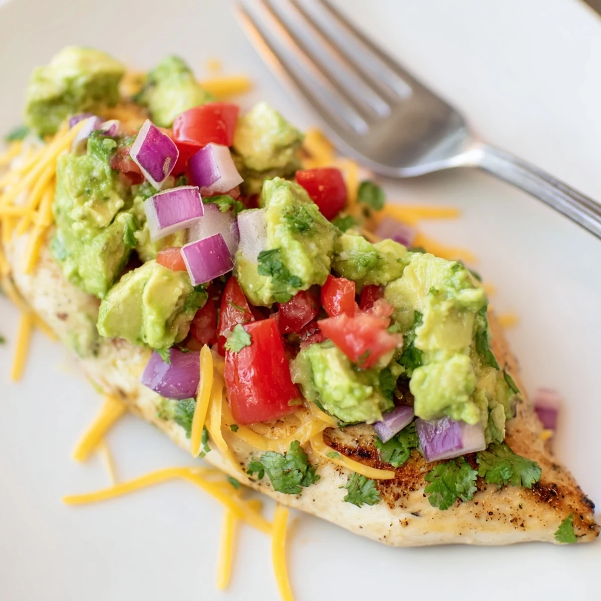 Golden grilled fiesta lime chicken with avocado served on a white plate