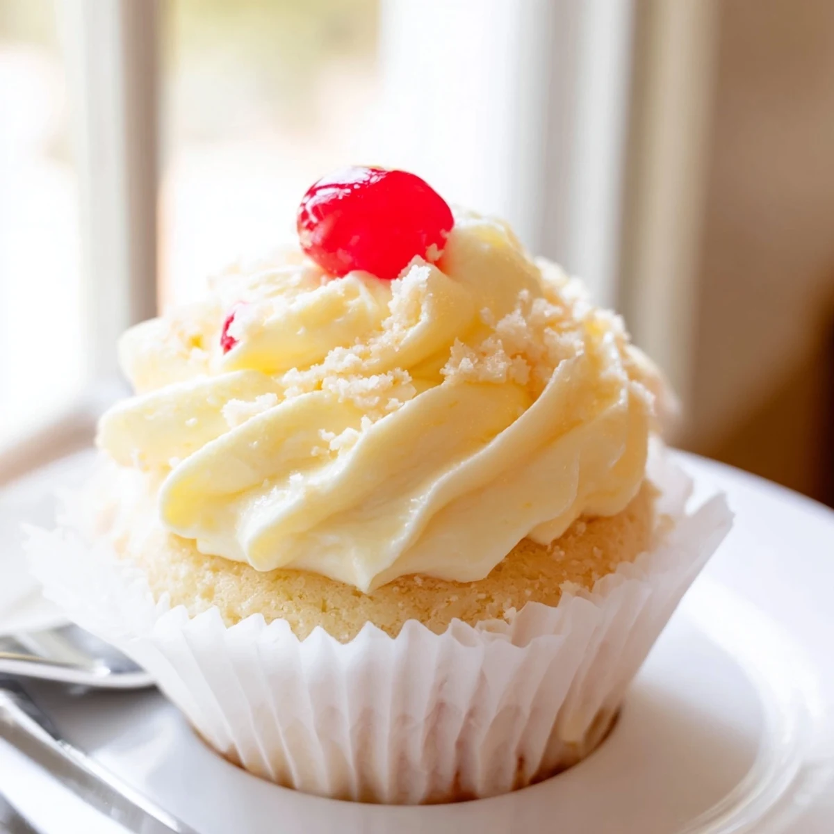 Fluffy pineapple whipped frosting piled high on golden Dole Whip Cupcakes.