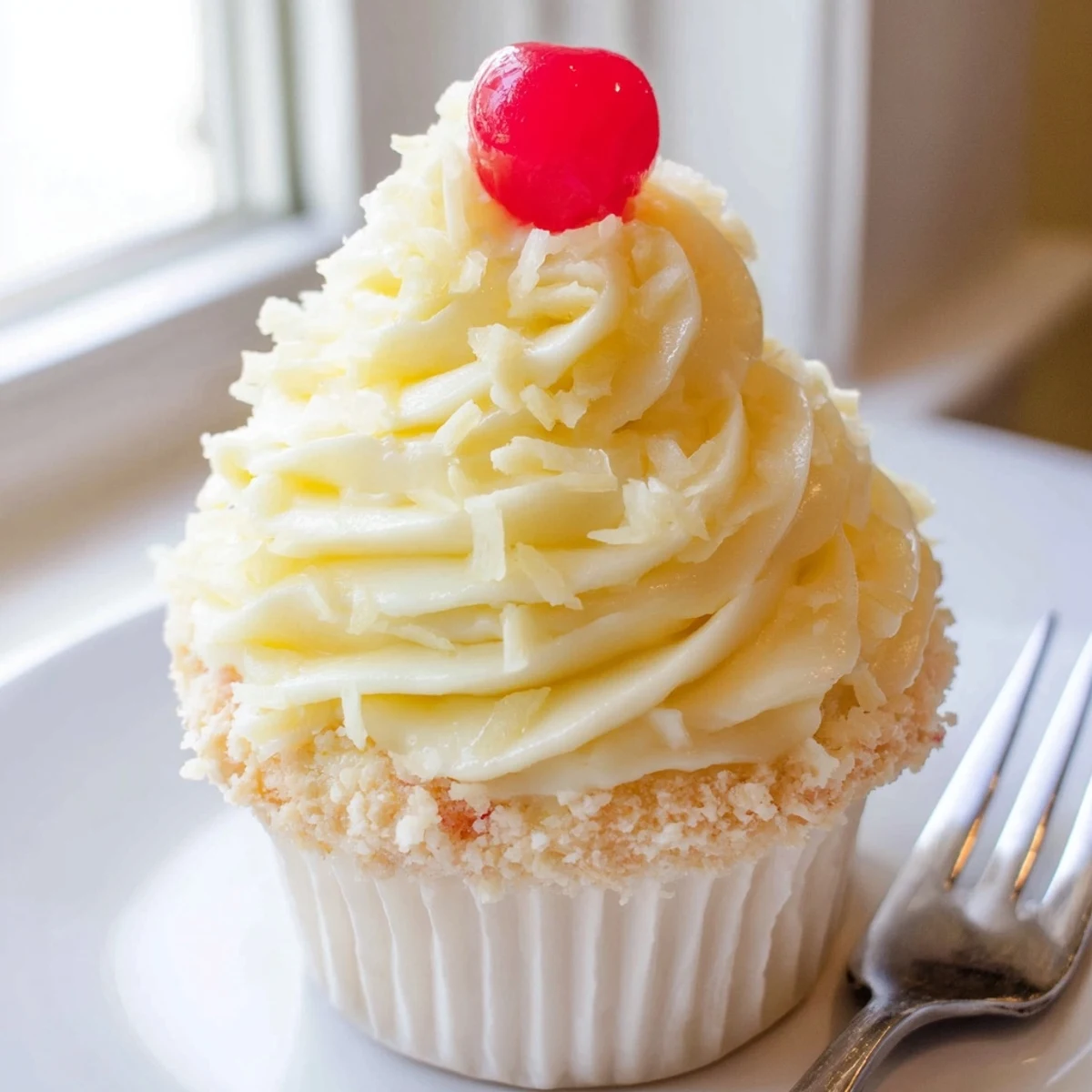 A tray of Dole Whip Cupcakes topped with creamy frosting and cherry garnishes.