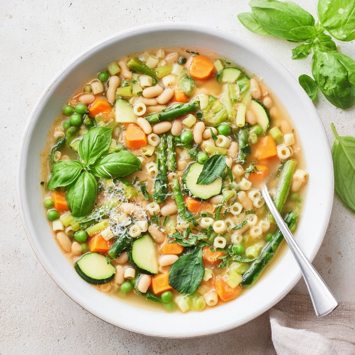 Steaming bowl of spring minestrone soup recipe with tender pasta and vibrant green vegetables