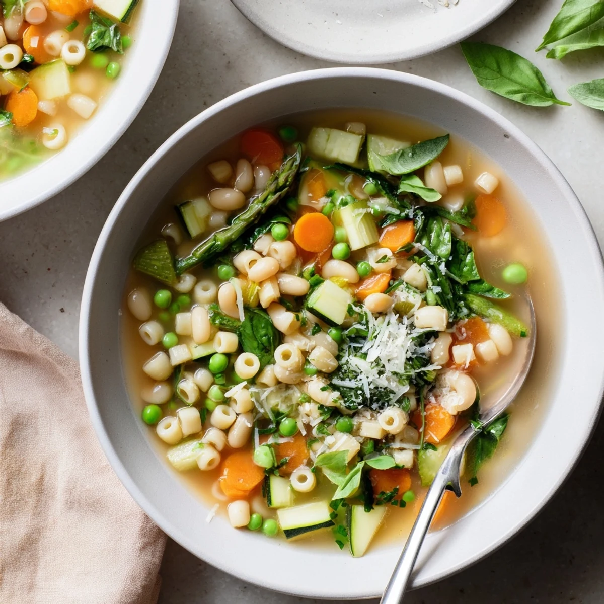 Colorful spring minestrone soup recipe ladled into a rustic bowl topped with grated Parmesan