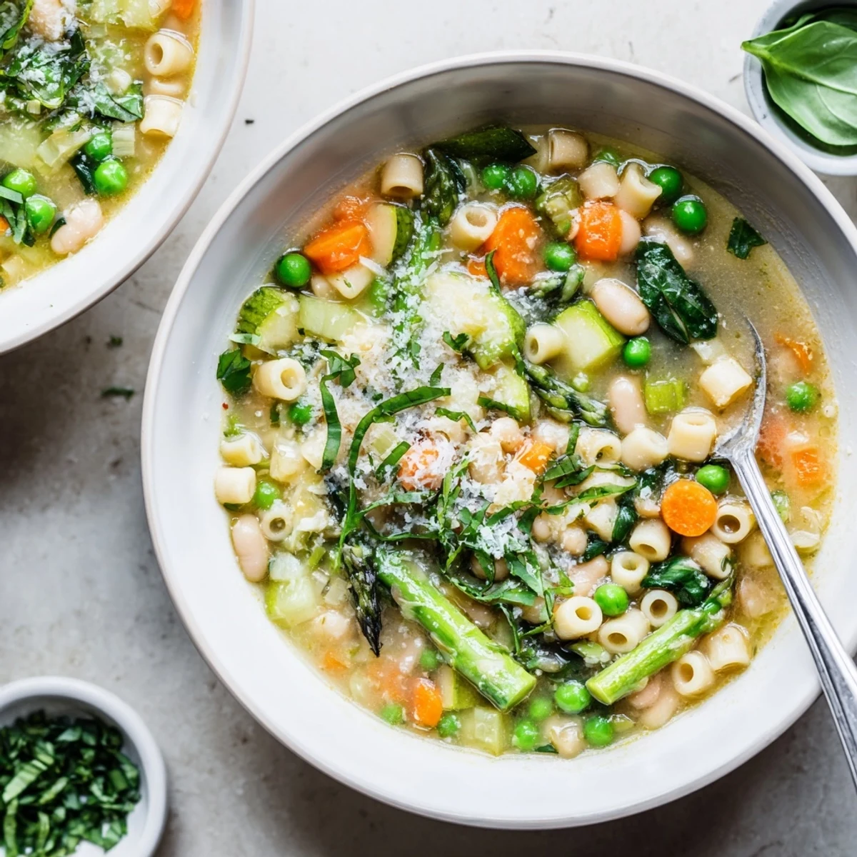 Freshly cooked spring minestrone soup recipe garnished with chopped basil beside crusty bread