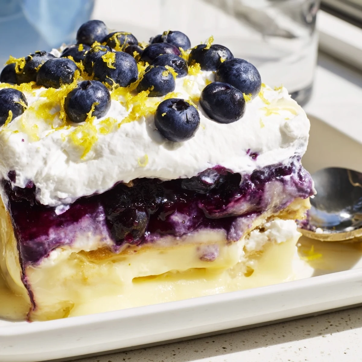 Layered lemon blueberry lasagna recipe with creamy filling and juicy berry swirls