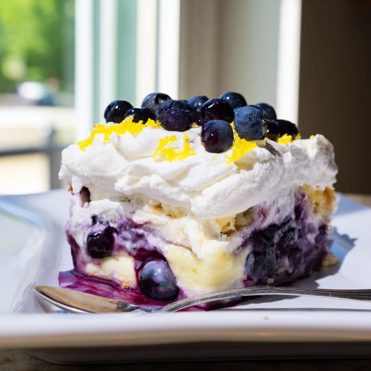 Tall slice of lemon blueberry lasagna recipe showing golden crust and blueberry layers