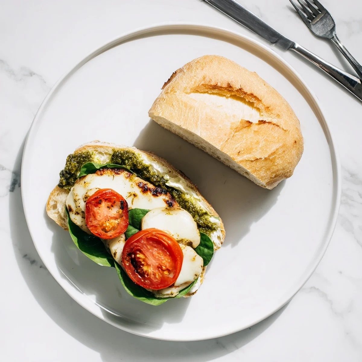Warm chicken pesto sandwich recipe featuring melty cheese, arugula, and a crispy toasted bun