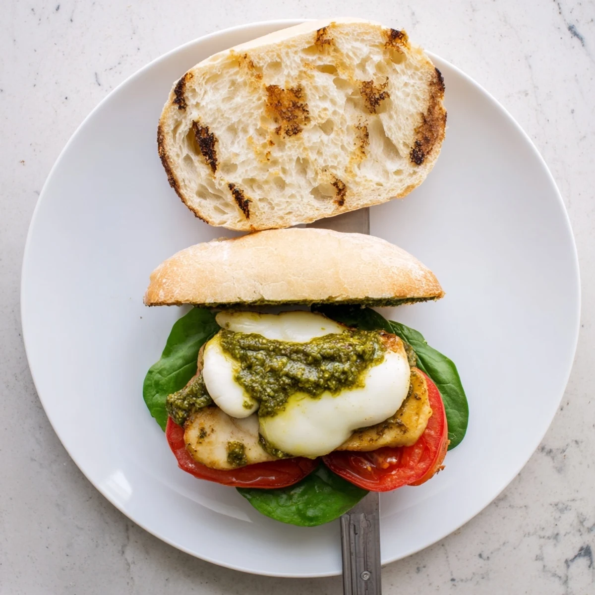 Ciabatta roll layered with juicy chicken, fresh basil pesto, and tomato in this chicken pesto sandwich recipe