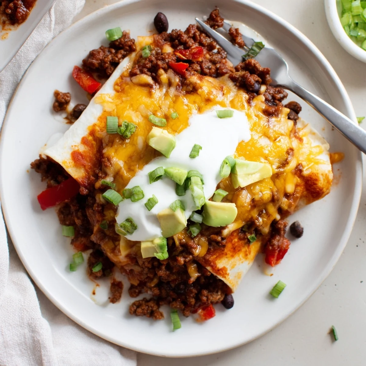 Family-style Beef Skillet Enchiladas broiled golden, served with creamy avocado and lime