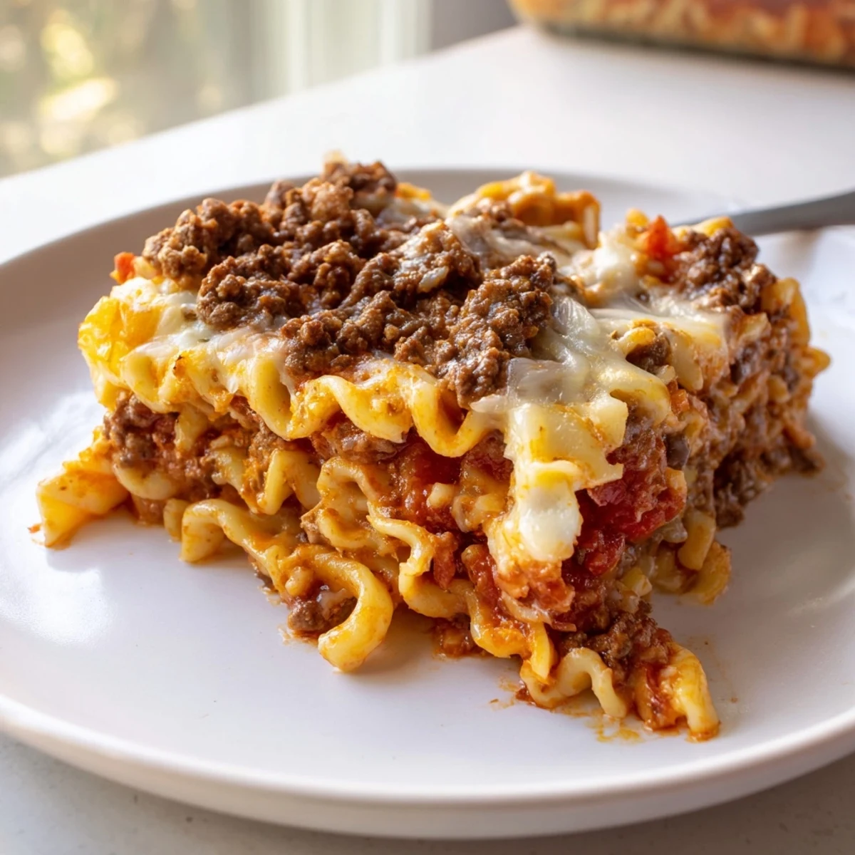 Sliced Beef Lombardi Casserole steaming on plate, tender noodles and savory beef.