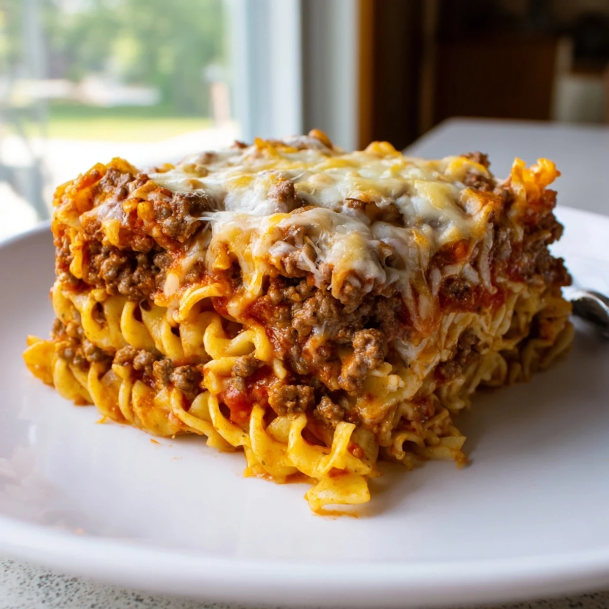 Beef Lombardi Casserole bubbling golden, cheesy top, served with crusty bread.