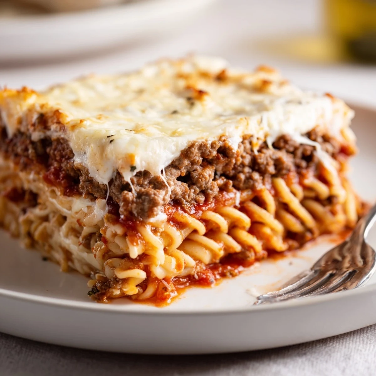 Homestyle Beef Lombardi Casserole straight from oven, creamy cottage cheese and tomato.