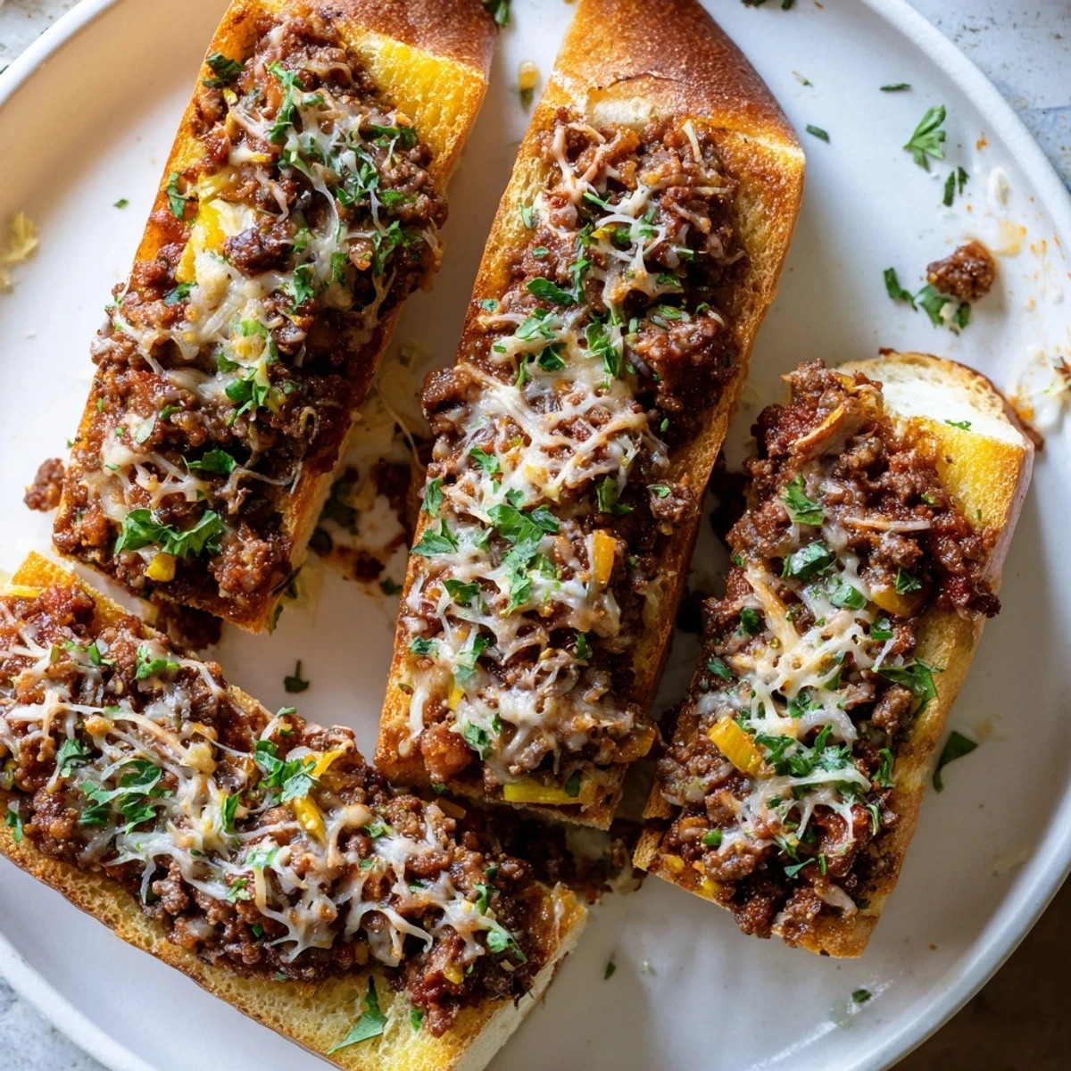 Toasted buttery halves holding saucy Garlic Bread Sloppy Joes and melted mozzarella