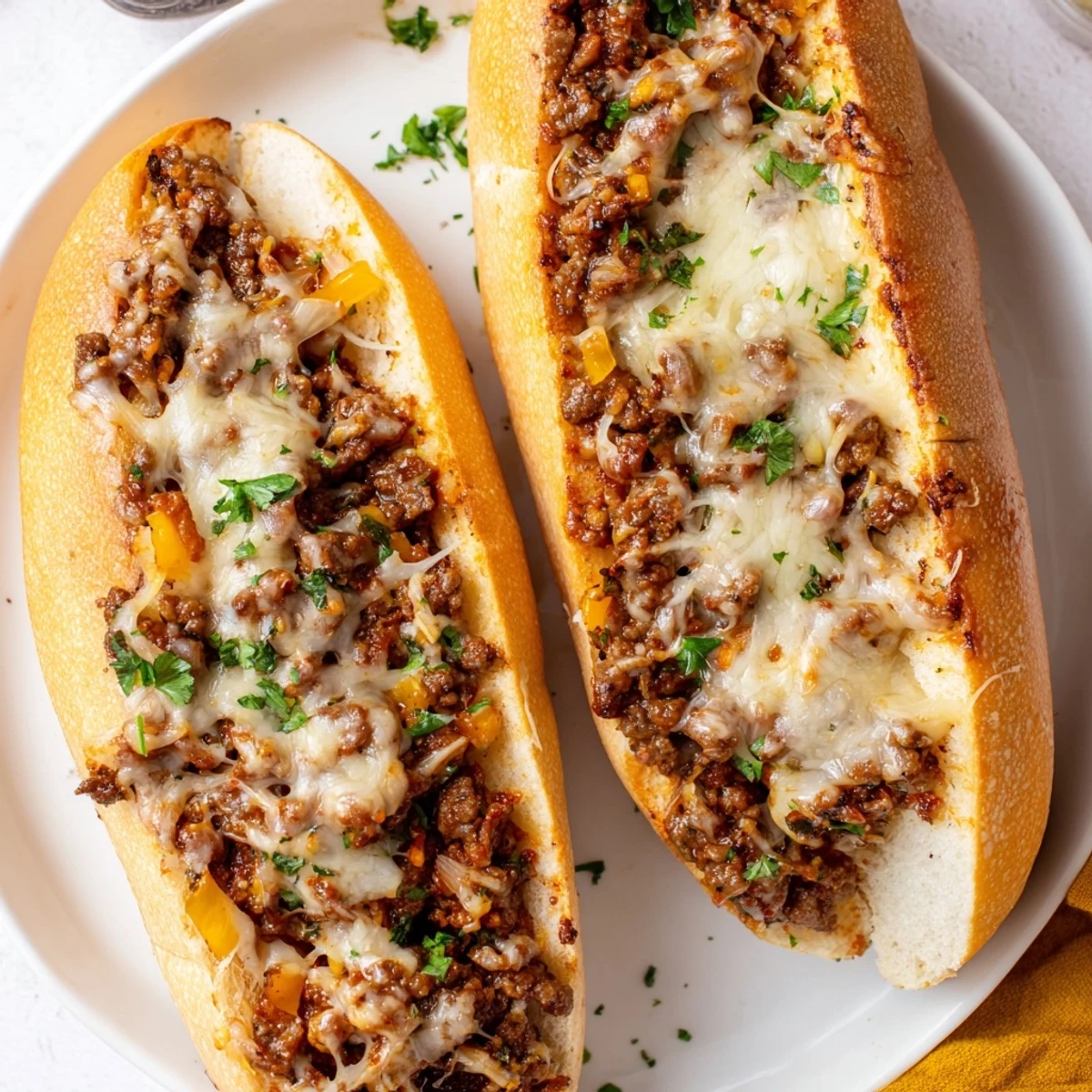 Hot Garlic Bread Sloppy Joes oozing tomato-beef filling, ideal with crisp coleslaw