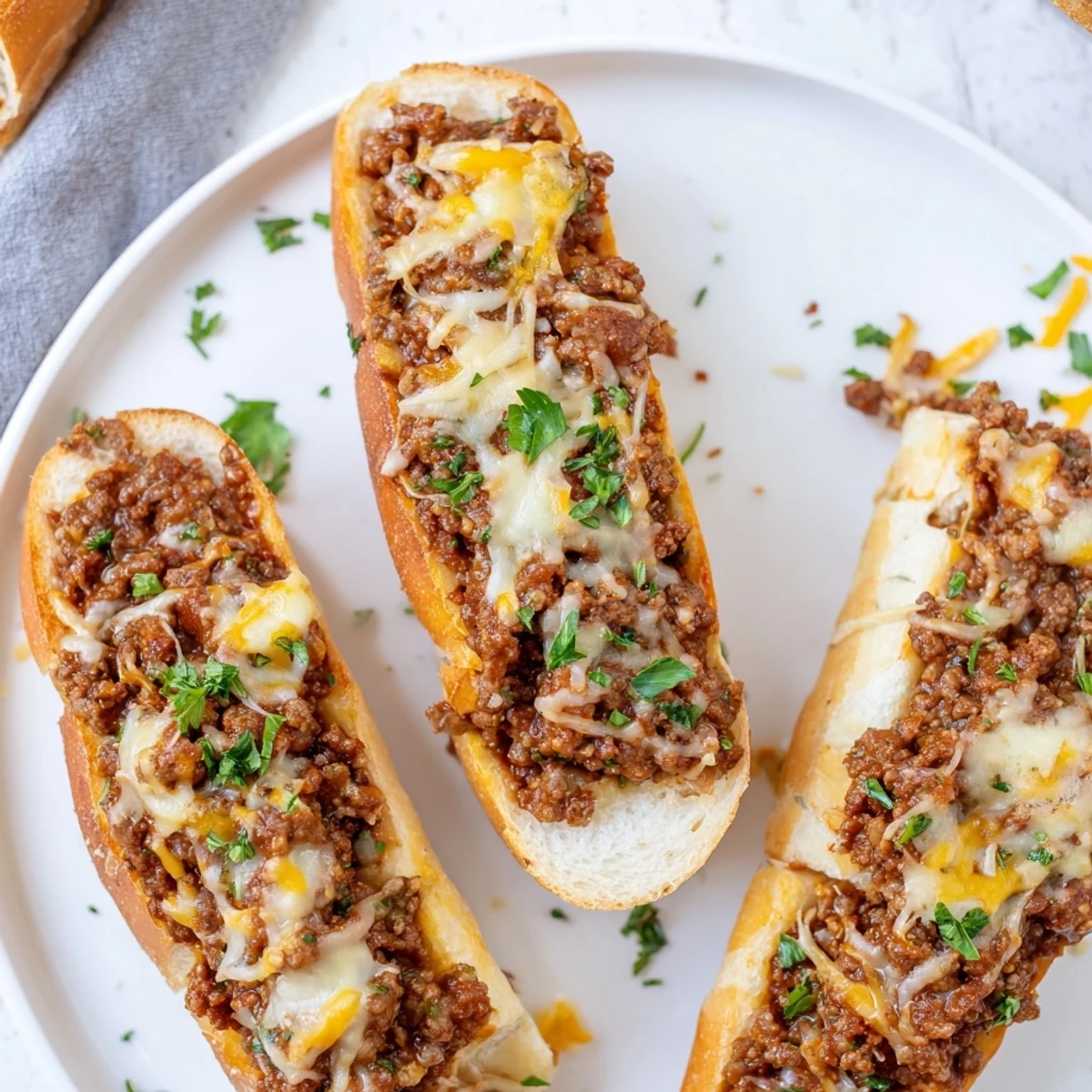 Family-style pan of Garlic Bread Sloppy Joes, golden crust and garlicky aroma