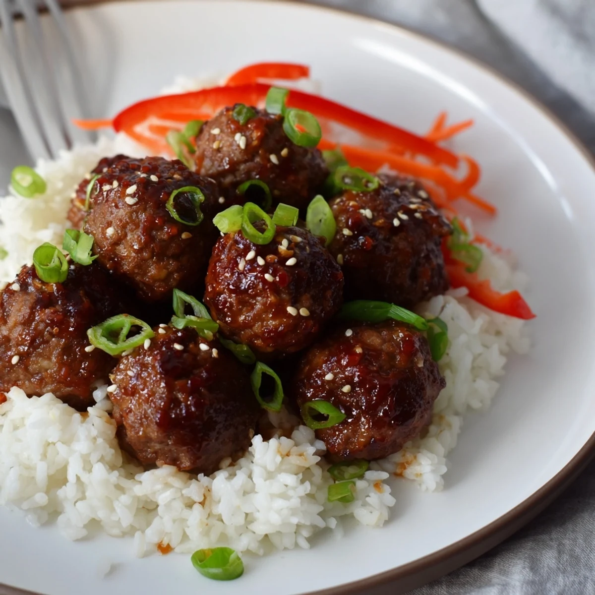 Hello Fresh Firecracker Meatballs glazed and steaming over fluffy jasmine rice, scallions