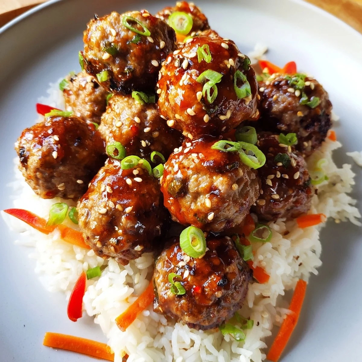 Bite-sized Hello Fresh Firecracker Meatballs resting on fluffy rice, sesame seeds sprinkled