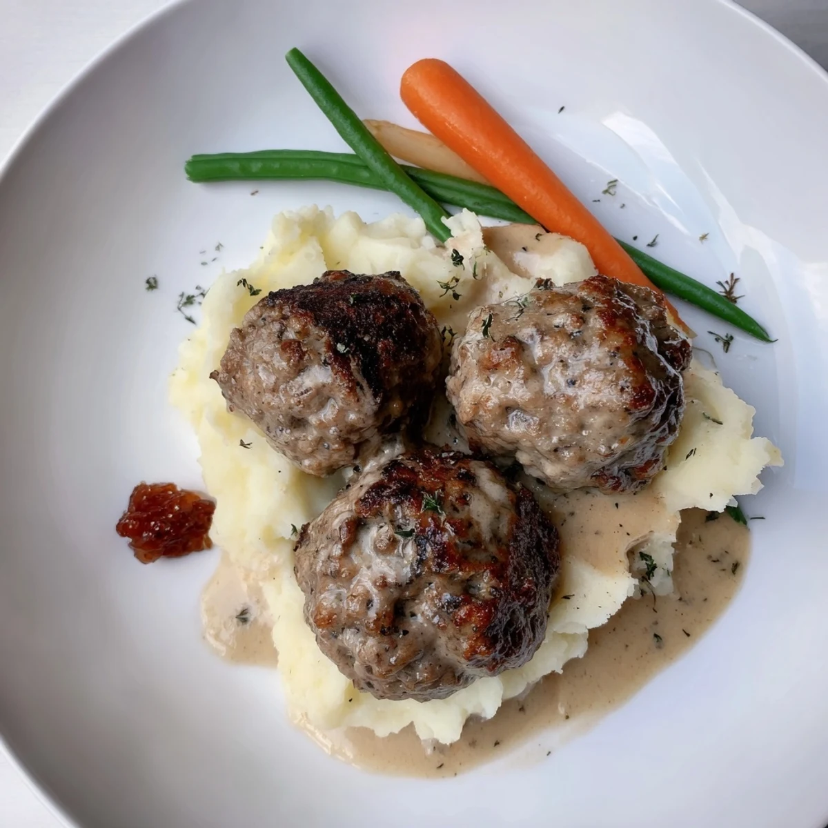 Homemade Ikea Meatballs glistening in creamy gravy over mashed potatoes
