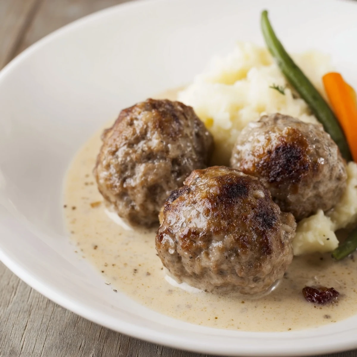 A skillet of Homemade Ikea Meatballs simmering gently in rich cream sauce