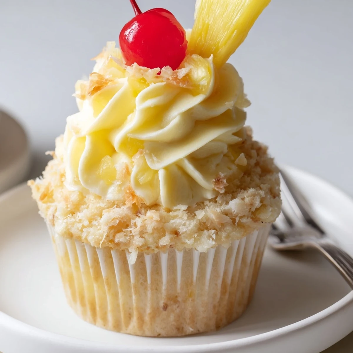 Serve chilled Dole Whip Cupcakes Recipe garnished with maraschino cherry, bright pineapple