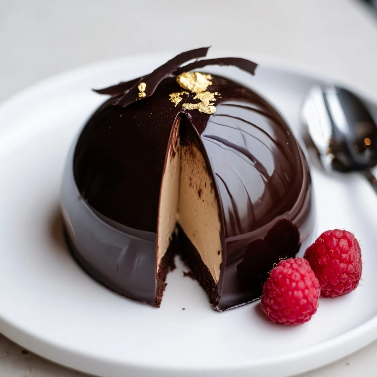 Elegant Chocolate Mascarpone Dome Dessert With Glossy Shells, silky mousse gleaming under glaze