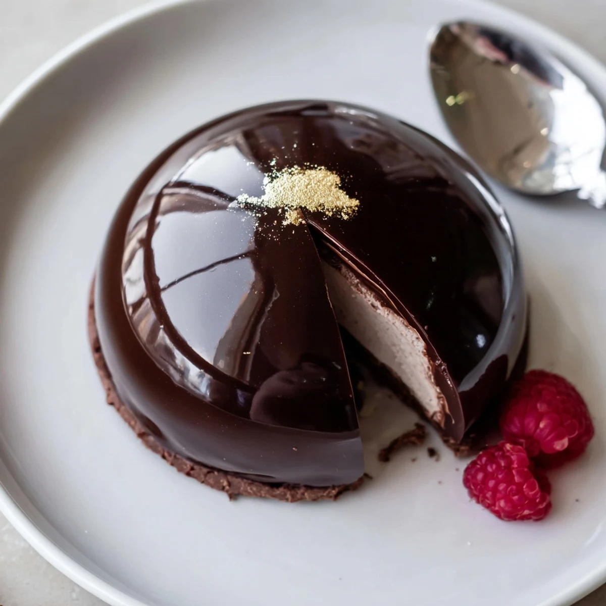Plated Elegant Chocolate Mascarpone Dome Dessert With Glossy Shells, chilled, rich cocoa aroma