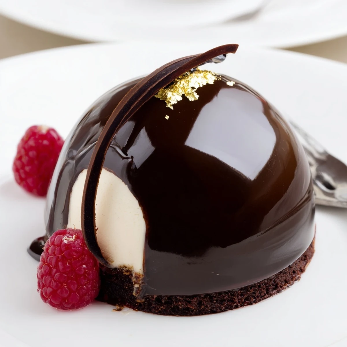 Elegant Chocolate Mascarpone Dome Dessert With Glossy Shells topped with gold leaf and berries