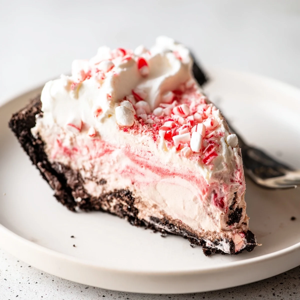 Candy Cane Pie with creamy peppermint filling, cookie crust, topped with crushed candy canes