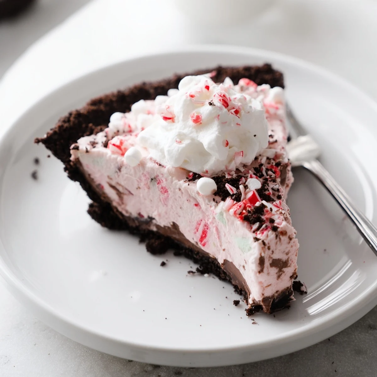 No-bake Candy Cane Pie chilled in fridge, cool peppermint aroma and marshmallow swirls