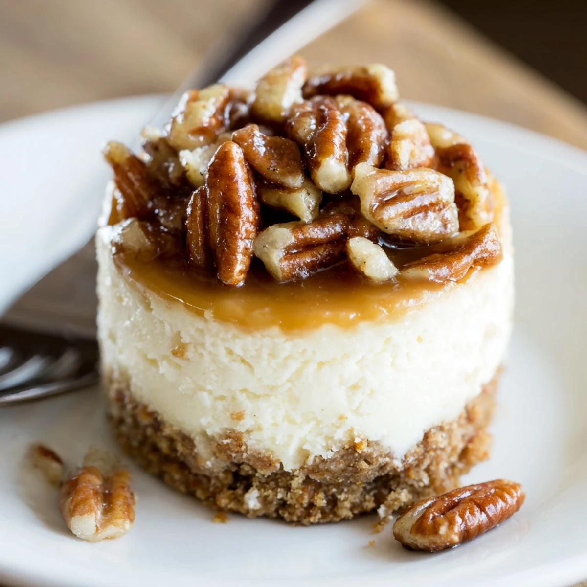 Bite-sized Mini Pecan Pie Cheesecakes topped with toasted pecans, warm caramel